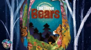 Kitchen Zoo presents The Three Bears. An illustration with three bears hiding behind trees.