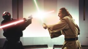 Darth Maul and Qui-Gon Jinn in a lightsaber battle in Star Wars Episode I: The Phantom Menace