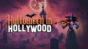 An illustration of a witch playing violin in front of a castle in a promotional image for Halloween In Hollywood.