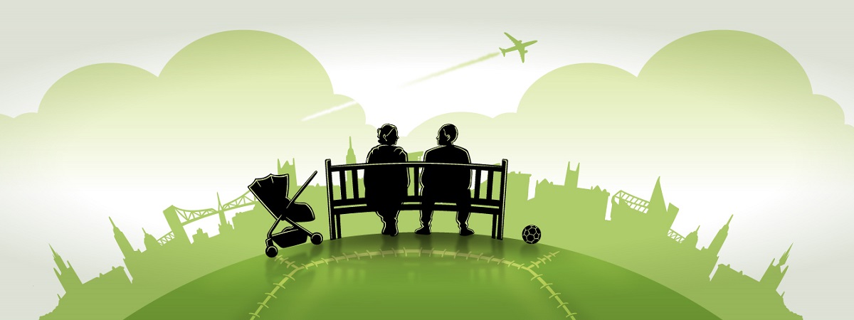 A silhouette of a bench with a women next to a pushchair and a man next to a football sits on top of a football-like hill in a promotional image for The Bench.