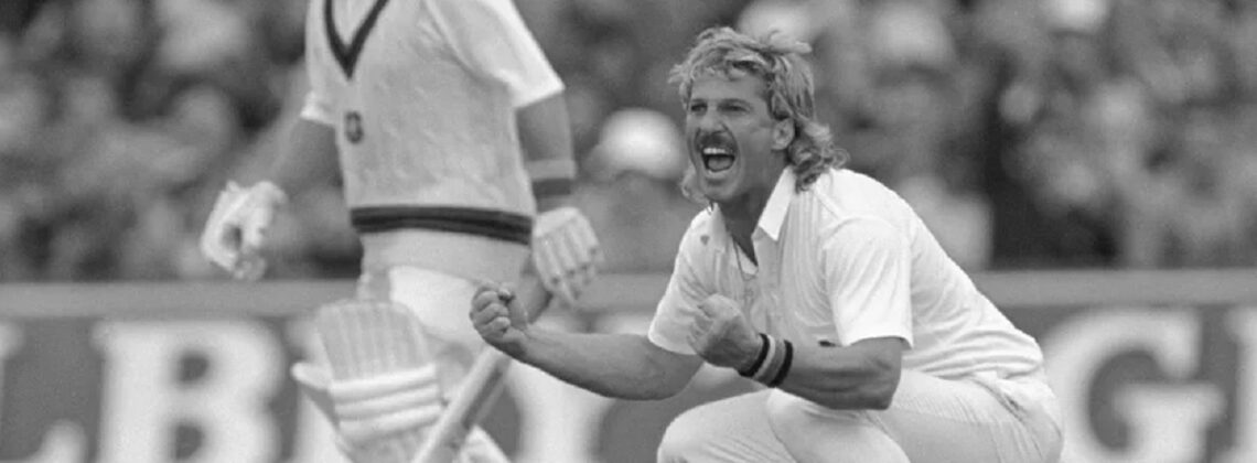 Ian Botham celebrates taking a wicket in a promotional image for An Evening with Ian Botham.