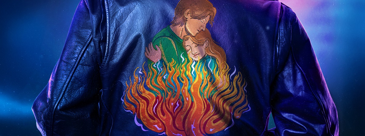 An illustration on the back of a leather jacket shows a man and a woman embrace as fire burns beneath them in a promotional image for English Touring Opera's The Capulets and The Montagues.