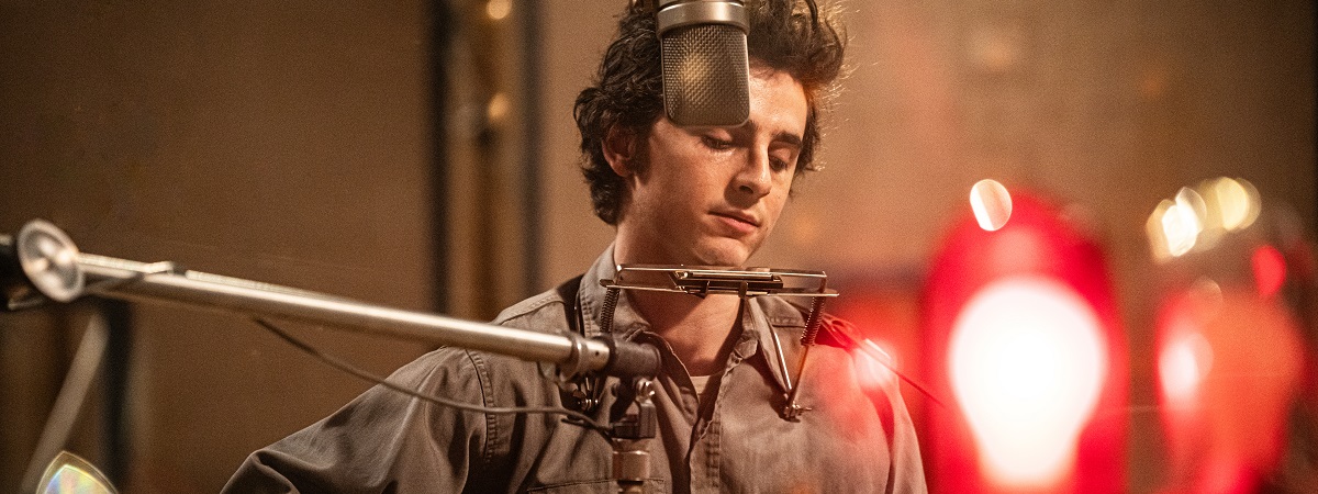 Timothée Chalamet as Bob Dylan in A Complete Unknown