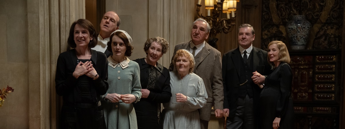 Raquel Cassidy stars as Miss Baxter, Kevin Doyle as Mr. Molesley, Sophie McShera as Daisy Parker, Phyllis Logan as Mrs. Hughes, Lesley Nicol as Mrs. Patmore, Jim Carter as Mr. Carson, Brendan Coyle as Mr. Bates and Joanne Froggatt as Anna Bates in Downton Abbey: The Grand Finale.