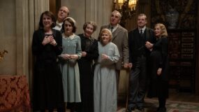 Raquel Cassidy stars as Miss Baxter, Kevin Doyle as Mr. Molesley, Sophie McShera as Daisy Parker, Phyllis Logan as Mrs. Hughes, Lesley Nicol as Mrs. Patmore, Jim Carter as Mr. Carson, Brendan Coyle as Mr. Bates and Joanne Froggatt as Anna Bates in Downton Abbey: The Grand Finale.