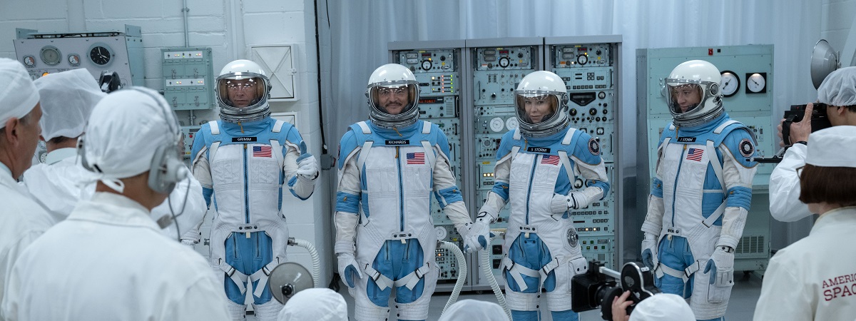  Ebon Moss-Bachrach as Ben Grimm/The Thing, Pedro Pascal as Reed Richards/Mister Fantastic, Vanessa Kirby as Sue Storm/Invisible Woman and Joseph Quinn as Johnny Storm/Human Torch in The Fantastic Four: First Steps.