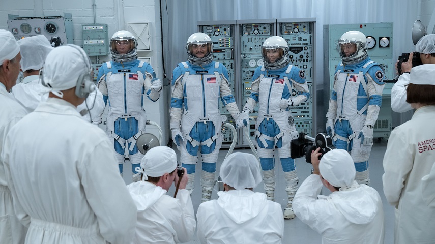 Ebon Moss-Bachrach as Ben Grimm/The Thing, Pedro Pascal as Reed Richards/Mister Fantastic, Vanessa Kirby as Sue Storm/Invisible Woman and Joseph Quinn as Johnny Storm/Human Torch in The Fantastic Four: First Steps.