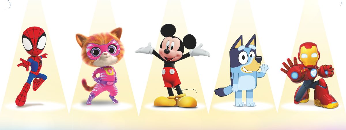 Disney Jr. Cinema Club. Limited Time Only. Image of Spider-Man, Superkitties, Micky Mouse, Bluey and Iron Man.