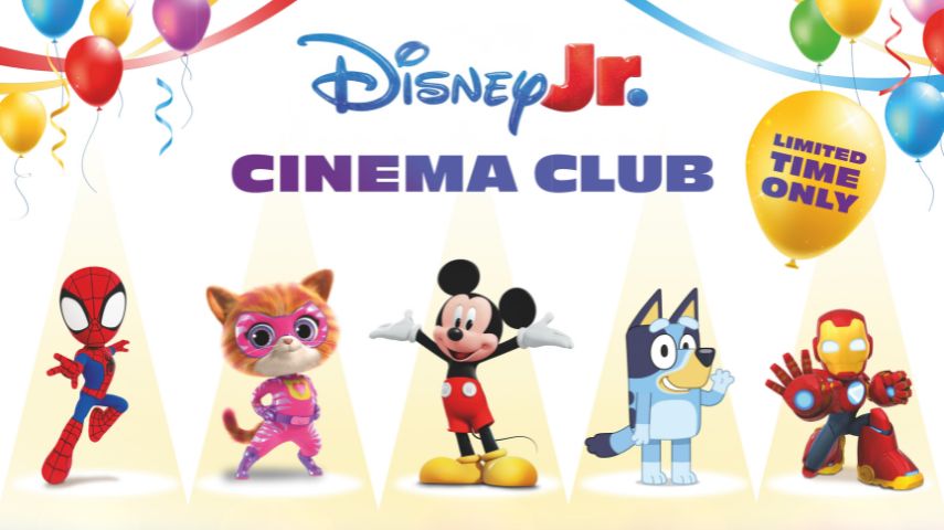 Disney Jr. Cinema Club. Limited Time Only. Image of Spider-Man, Superkitties, Micky Mouse, Bluey and Iron Man.