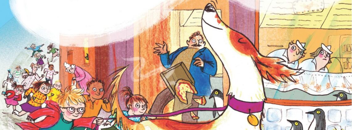 Sara Ogilvie's illustration of a dog with children running behind them from the front cover of Julia Donaldson's The Detective Dog.