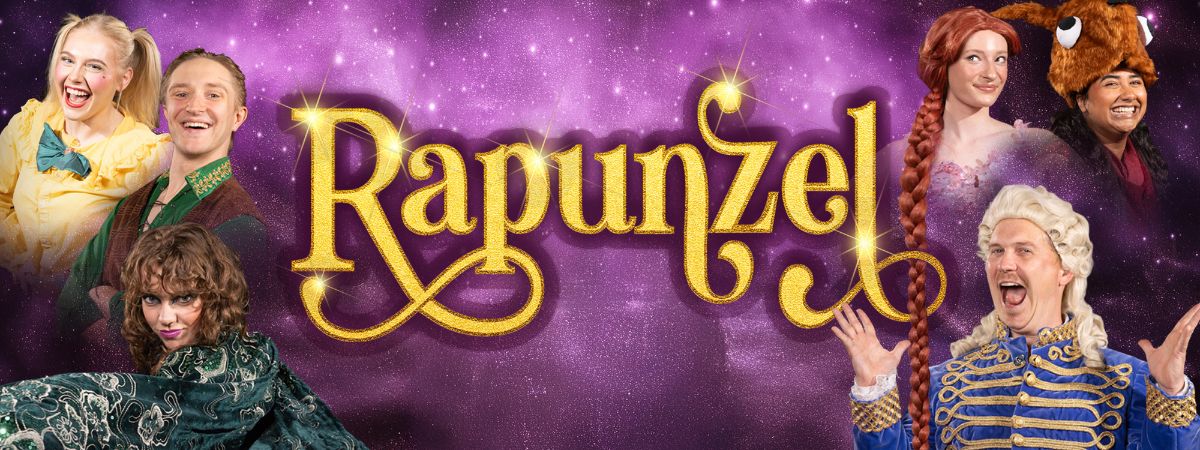 Cast artwork for Rapunzel featuring images of Poppy Keith as Rapunzel, Sarah Boulter as Mistress Gothel, Phoebe Garr as Tangles, Matthew Nicholson as Billy Good-Wood, Adam Donaldson as The Duke of Durham and Maya Torres as Nibbles.