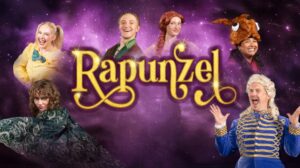 Cast artwork for Rapunzel featuring images of Poppy Keith as Rapunzel, Sarah Boulter as Mistress Gothel, Phoebe Garr as Tangles, Matthew Nicholson as Billy Good-Wood, Adam Donaldson as The Duke of Durham and Maya Torres as Nibbles.