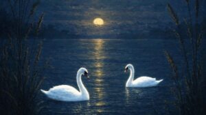 Two swans sit on a lake with the sunset in the background in a promotional image for Durham University Ballet Company's Swan Lake.