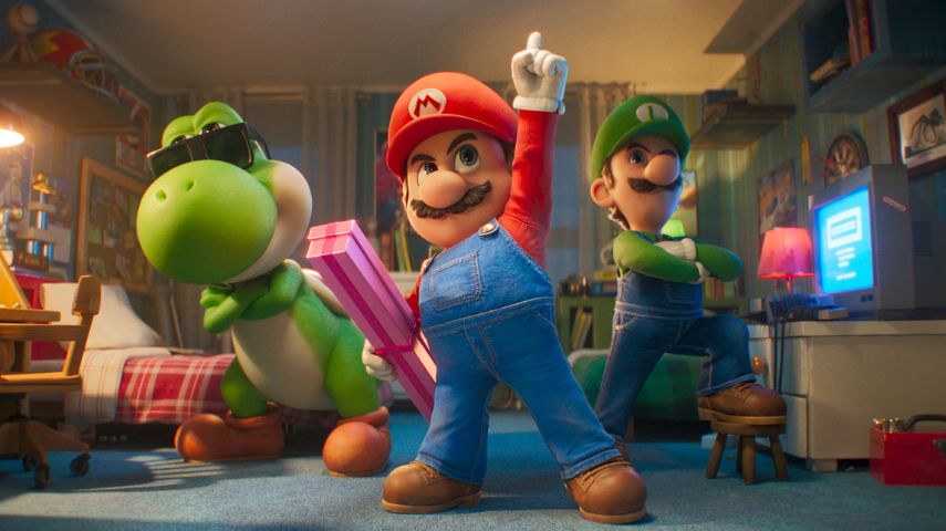 Yoshi, Mario and Luigi in a still from The Super Mario Galaxy Movie.