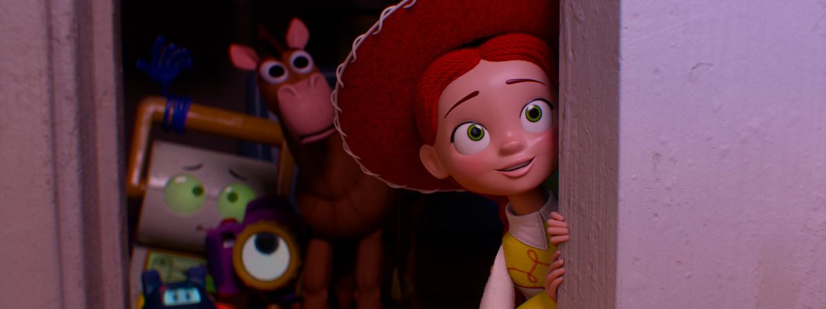 Jessie, Bullseye and other toys watch on in a still from Toy Story 5.