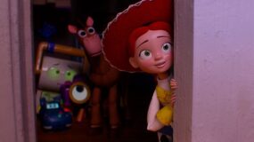 Jessie, Bullseye and other toys watch on in a still from Toy Story 5.