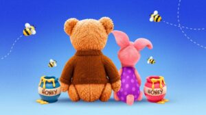 An image of Winnie the Pooh and Piglet sat together with honey pots either side and bees buzzing around in an image for Adventures In Hundred Acre Wood.