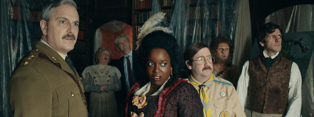 Ben Willbond, Martha Howe-Douglas, Simon Farnaby, Lolly Adefope, Jim Howick, Laurence Rickard and Mathew Baynton in Ghosts: The Possession of Button House.