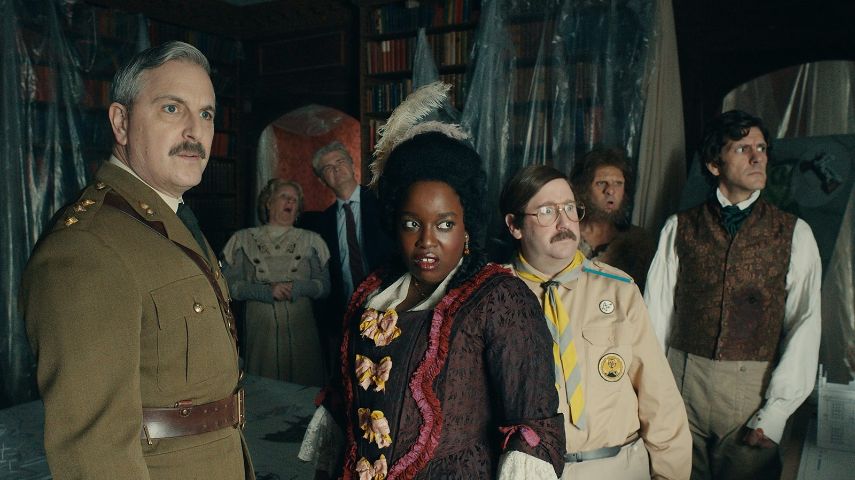 Ben Willbond, Martha Howe-Douglas, Simon Farnaby, Lolly Adefope, Jim Howick, Laurence Rickard and Mathew Baynton in Ghosts: The Possession of Button House.